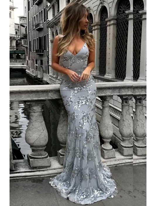 Mermaid / Trumpet Prom Dresses Sparkle & Shine Dress Formal Wedding Guest Sweep / Brush Train Sleeveless V Neck Lace with Sequin