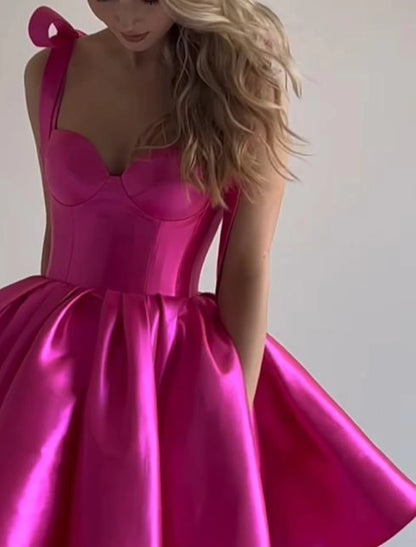 A-Line Homecoming Dresses Corsets Dress Holiday Graduation Short / Mini Sleeveless Spaghetti Strap Pink Dress Satin with Bow(s)