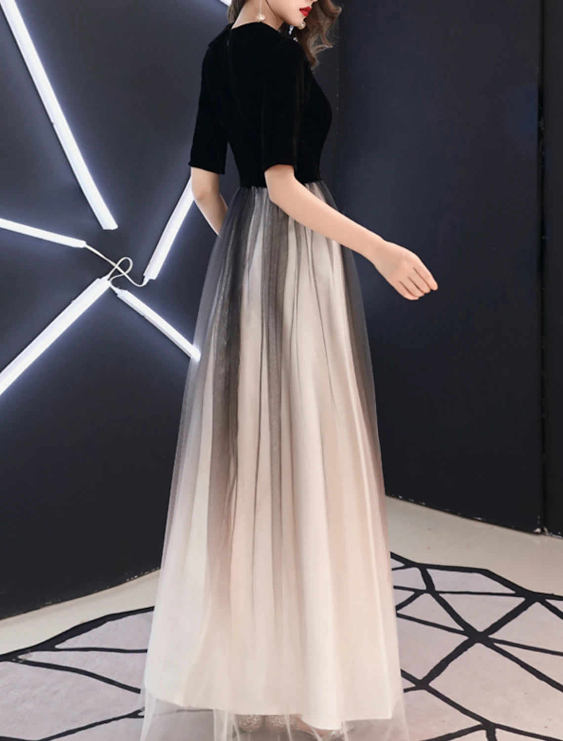 A-Line Minimalist Gradient Engagement Formal Evening Dress V Neck Half Sleeve Floor Length Tulle with Sleek