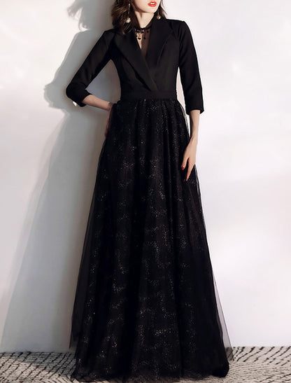 A-Line Glittering Elegant Wedding Guest Formal Evening Dress V Neck 3/4 Length Sleeve Floor Length Tulle with Sash / Ribbon Sequin