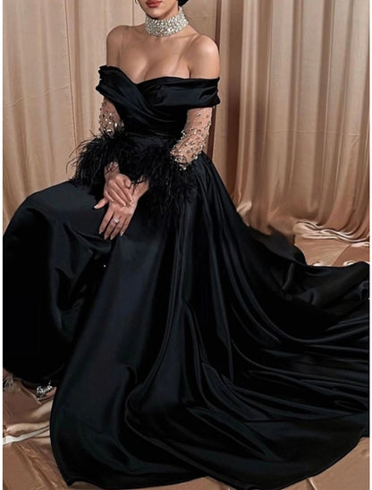 A-Line Evening Gown Elegant Dress Formal Black Dress Sweep / Brush Train Long Sleeve Off Shoulder Satin with Rhinestone Feather Pleats 2024