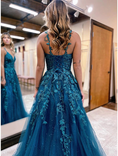 Ball Gown A-Line Prom Dresses Sparkle & Shine Dress Formal Floor Length Sleeveless V Neck Tulle Backless with Glitter Appliques Ball Gown A-Line Prom Dresses Sparkle & Shine Dress Formal Floor Length Sleeveless V Neck Tulle Backless with Glitter Appliques