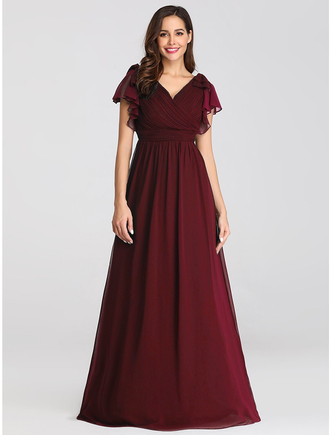 A-Line Mother of the Bride Dress Plus Size V Neck Floor Length Chiffon Short Sleeve with Ruffles Ruching