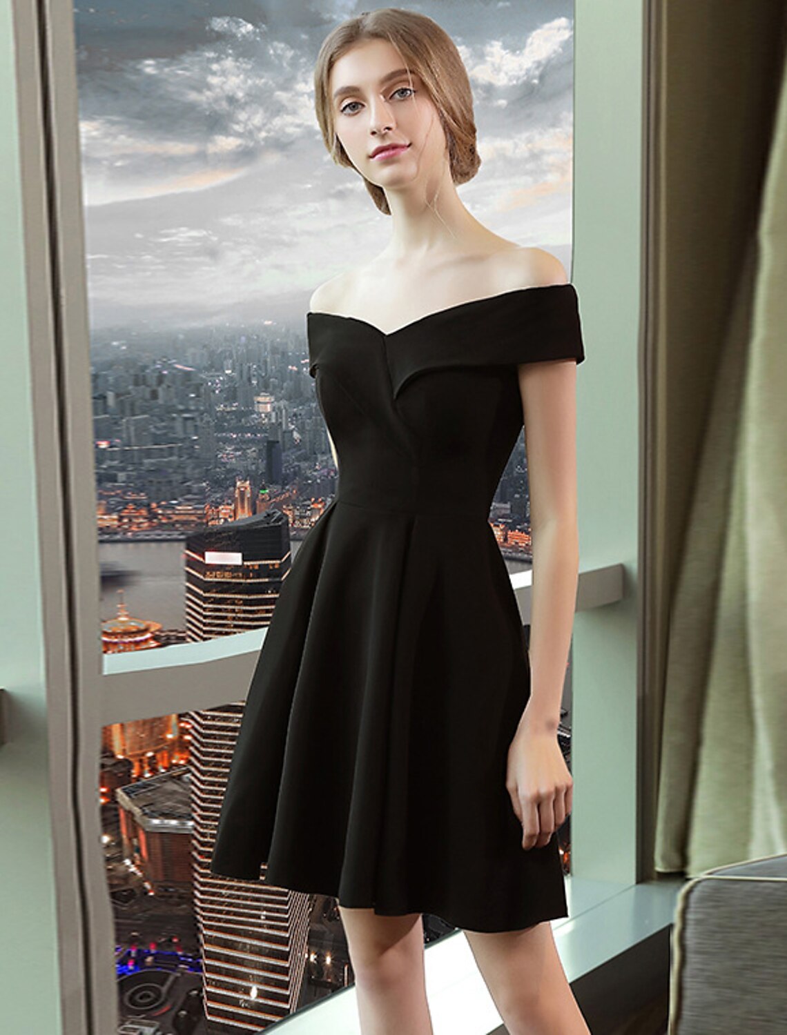 A-Line Cocktail Dresses Elegant Dress Homecoming Graduation Knee Length Short Sleeve Off Shoulder Spandex with Sleek