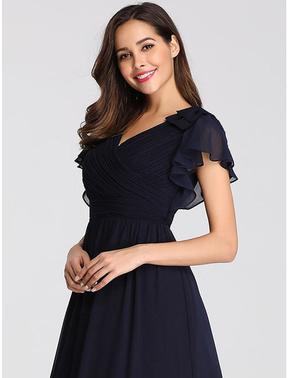 A-Line Mother of the Bride Dress Plus Size V Neck Floor Length Chiffon Short Sleeve with Ruffles Ruching