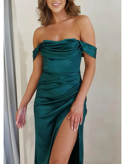 A-Line Prom Dresses Elegant Dress Prom Semi Formal Floor Length Sleeveless Off Shoulder Satin with Ruched