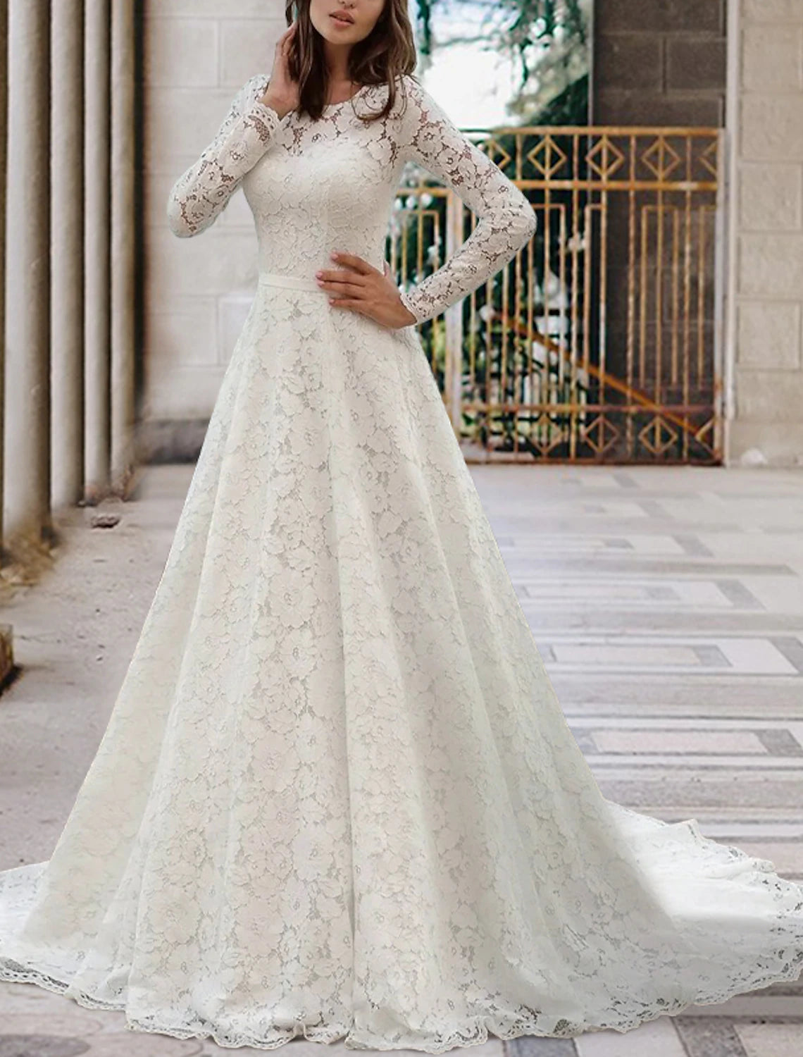 Engagement Formal Fall Wedding Dresses A-Line Illusion Neck Long Sleeve Court Train Lace Bridal Gowns With Sashes / Ribbons Pleats Summer Wedding Party