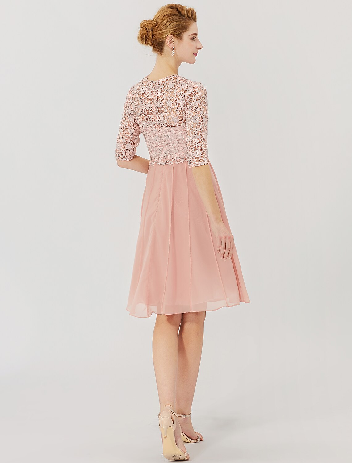 Ball Gown Mother of the Bride Dress Formal Classic & Timeless Elegant & Luxurious Convertible Dress Illusion Neck Knee Length Chiffon Floral Lace 3/4 Length Sleeve with Crystal Brooch