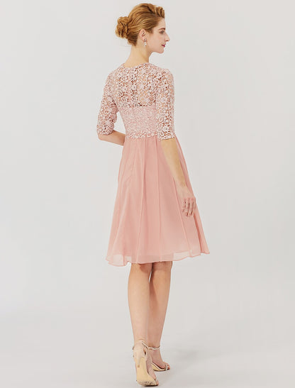 Ball Gown Mother of the Bride Dress Formal Classic & Timeless Elegant & Luxurious Convertible Dress Illusion Neck Knee Length Chiffon Floral Lace 3/4 Length Sleeve with Crystal Brooch