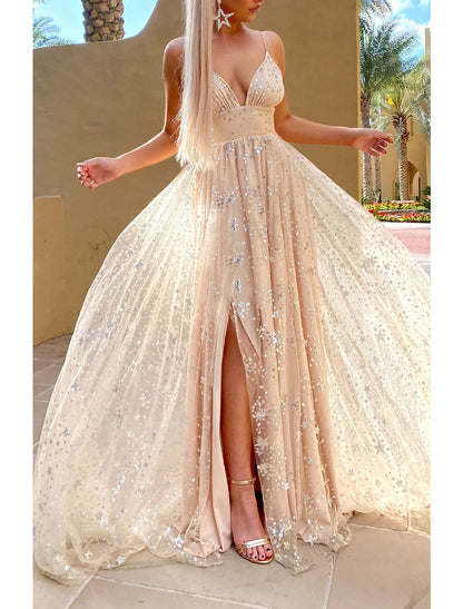 A-Line Prom Dresses Sparkle Dress Wedding Guest Homecoming Floor Length Sleeveless V Neck Tulle with Sequin Tiered