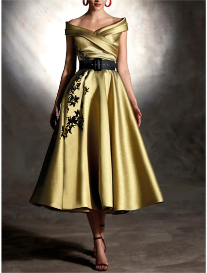 A-Line Cocktail Champagne Gold Dresses Vintage Dress Formal Wedding Guest Tea Length Sleeveless Off Shoulder Satin with Pleats Appliques 2024