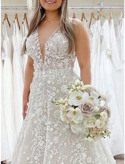 Beach Formal Wedding Dresses A-Line V Neck Sleeveless Court Train Lace Bridal Gowns With Pleats