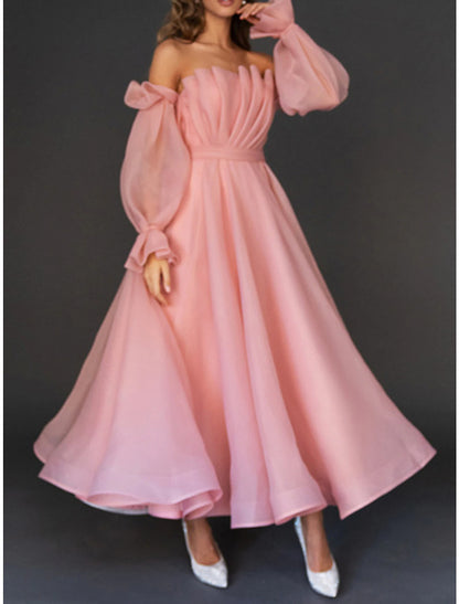 Women's Prom Dress Party Dress Homecoming Dress Long Dress Maxi Dress Pink Long Sleeve Pure Color Ruched Fall Winter Autumn Strapless Fashion Wedding Guest Birthday Evening Party