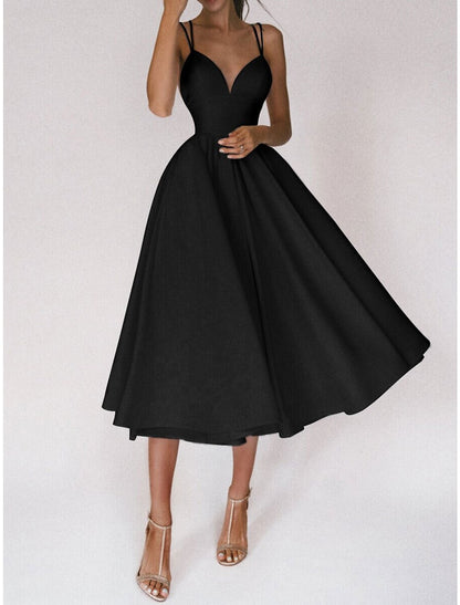 A-Line Homecoming Dresses Open Back Dress Wedding Guest Holiday Tea Length Sleeveless Spaghetti Strap Spandex Backless with Pleats