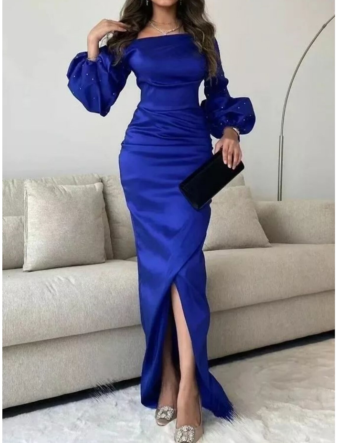 Mermaid / Trumpet Evening Gown Elegant Dress Formal Floor Length Long Sleeve Square Neck Satin with Ruched Sequin Slit 2024