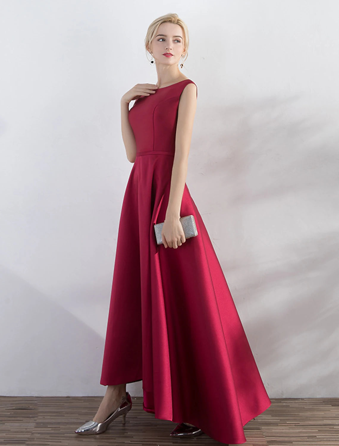 A-Line Evening Gown Red Green Dress Wedding Guest Party Wear Asymmetrical Sleeveless Jewel Neck Satin with Sleek