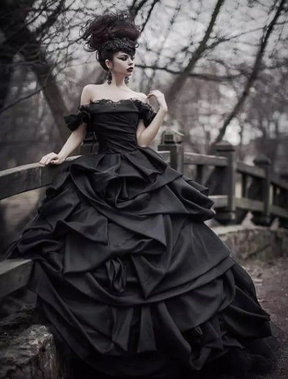 Engagement Gothic Wedding Dresses Ball Gown Off Shoulder Cap Sleeve Court Train Satin Bridal Gowns With Lace Ruched