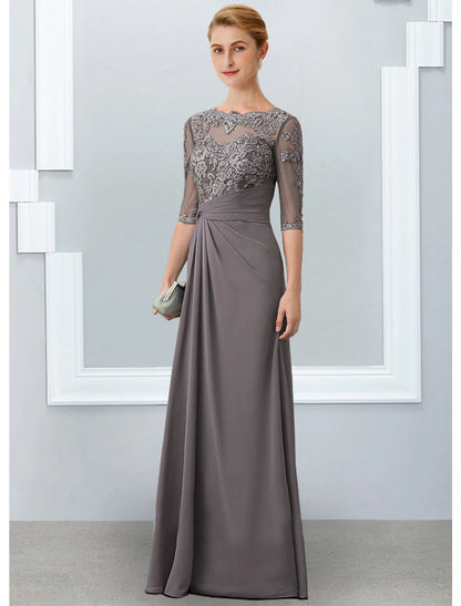 A-Line Mother of the Bride Dress Elegant V Neck Floor Length Chiffon Lace Short Sleeve with Pleats Appliques