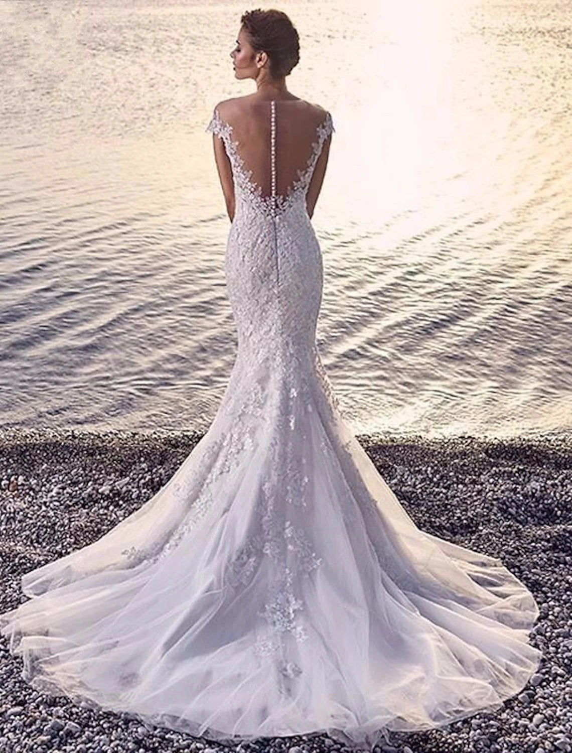 Beach Formal Wedding Dresses Mermaid / Trumpet Scoop Neck Off Shoulder Cap Sleeve Court Train Lace Bridal Gowns With Appliques  Summer Wedding Party Women's Clothing