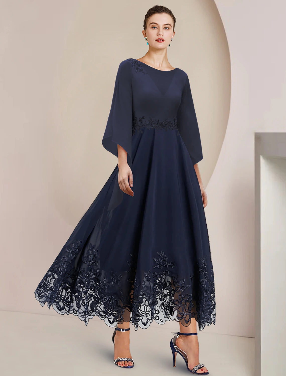 A-Line Mother of the Bride Dress Wedding Guest Party Elegant Scoop Neck Tea Length Chiffon Lace 3/4 Length Sleeve with Appliques