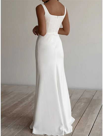 Beach Casual Wedding Dresses Sheath / Column Square Neck Sleeveless Floor Length Stretch Fabric Bridal Gowns With Sash / Ribbon