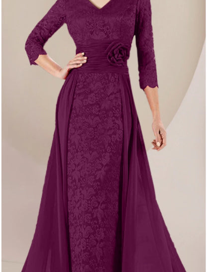 A-Line Mother of the Bride Dress Wedding Guest Elegant V Neck Floor Length Chiffon 3/4 Length Sleeve with Appliques Ruching