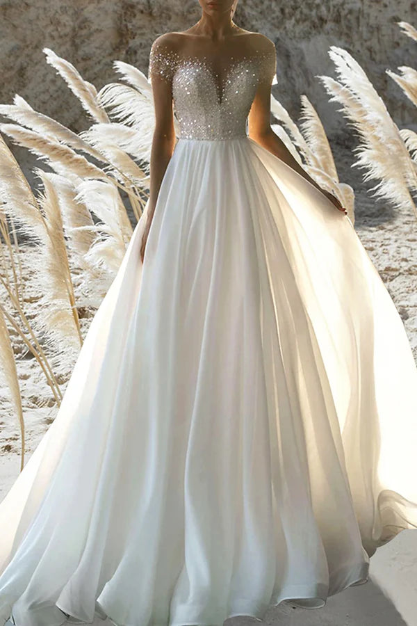 Beach formal wedding dress A-line short sleeved beaded summer bride dress