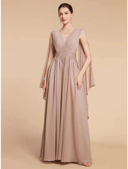 A-Line Mother of the Bride Dress Wedding Guest Elegant V Neck Ankle Length Chiffon Lace Sleeveless with Ruching Solid Color