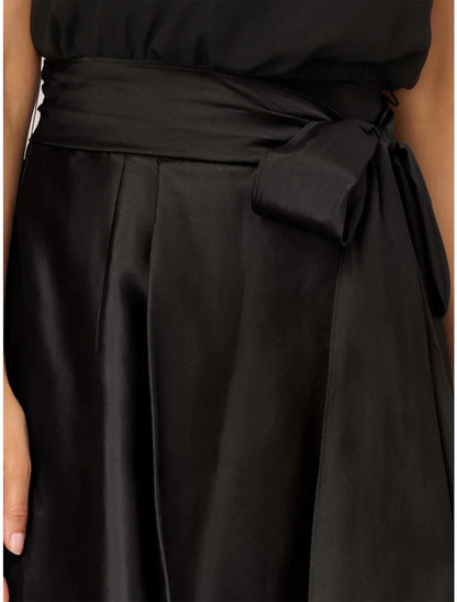 A-Line Wedding Guest Dresses Party Dress Formal Black Dress Plus Size Asymmetrical Sleeveless Jewel Neck Satin with Bow(s) Pleats Crystals 2024