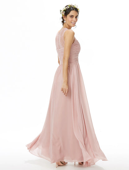 A-Line Bridesmaid Dress Jewel Neck Sleeveless See Through Floor Length Chiffon / Lace with Lace / Criss Cross / Pleats