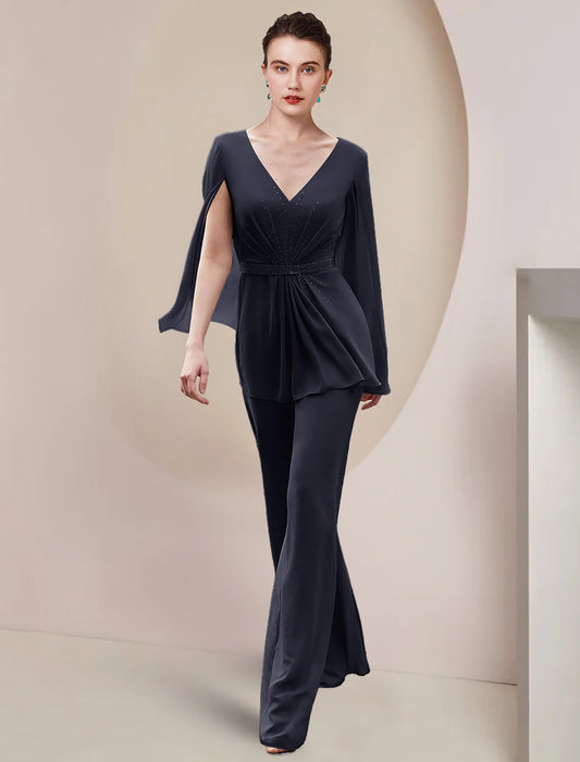 Two Piece Mother of the Bride Dress Wedding Guest Party Elegant V Neck Floor Length Chiffon Sleeveless with Pleats Sequin