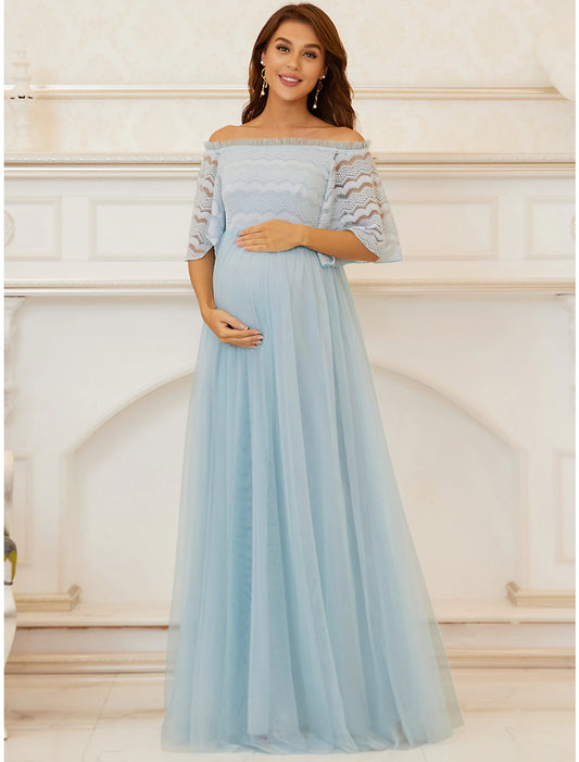 A-Line Mother of the Bride Dress Maternity Elegant Off Shoulder Floor Length Lace Tulle Sleeveless with Tier