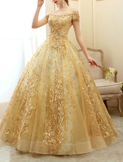 A-Line Prom Dresses Elegant Dress Formal Floor Length Short Sleeve Off Shoulder Tulle with Pearls Sequin Embroidery