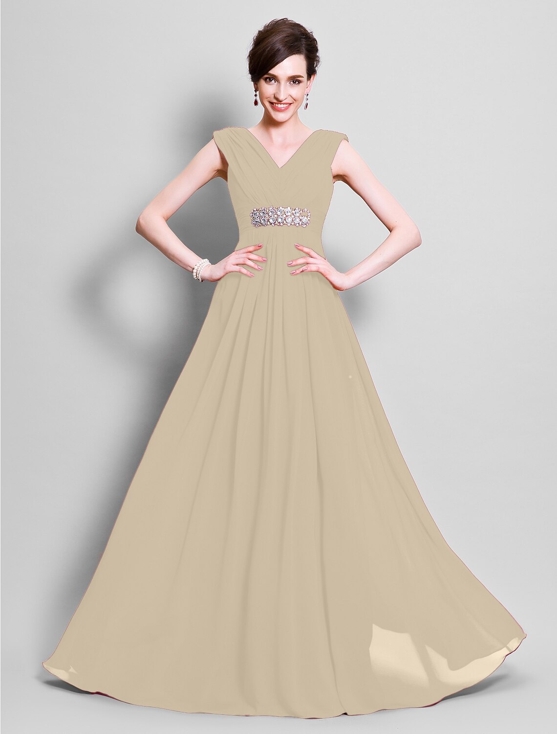 A-Line Mother of the Bride Dress Open Back V Neck Floor Length Chiffon Sleeveless with Beading Side Draping