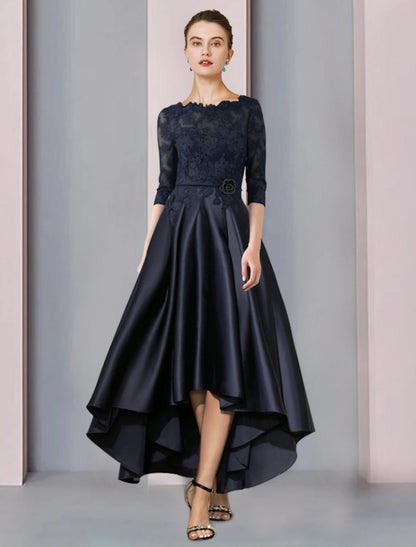 A-Line Mother of the Bride Dress Wedding Guest Elegant High Low Scoop Neck Asymmetrical Tea Length Satin Lace 3/4 Length Sleeve with Pleats Appliques Flower