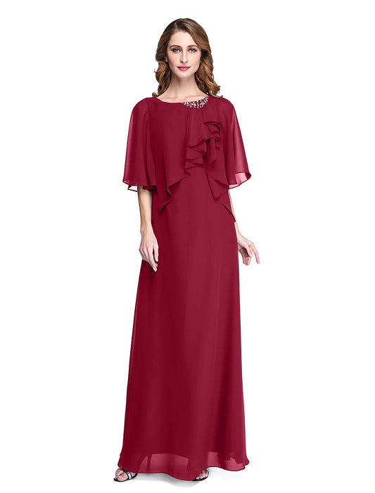 Sheath / Column Mother of the Bride Dress Elegant Open Back Jewel Neck Floor Length Chiffon Half Sleeve with Pleats Beading Ruffle