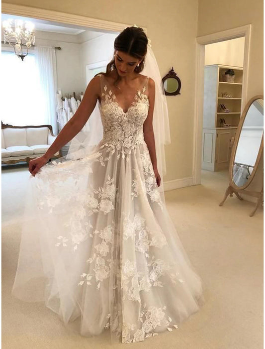 Beach Boho Wedding Dresses A-Line V Neck Sleeveless Sweep / Brush Train Lace Bridal Gowns With Appliques Summer Fall Wedding Party  Women‘s Clothing