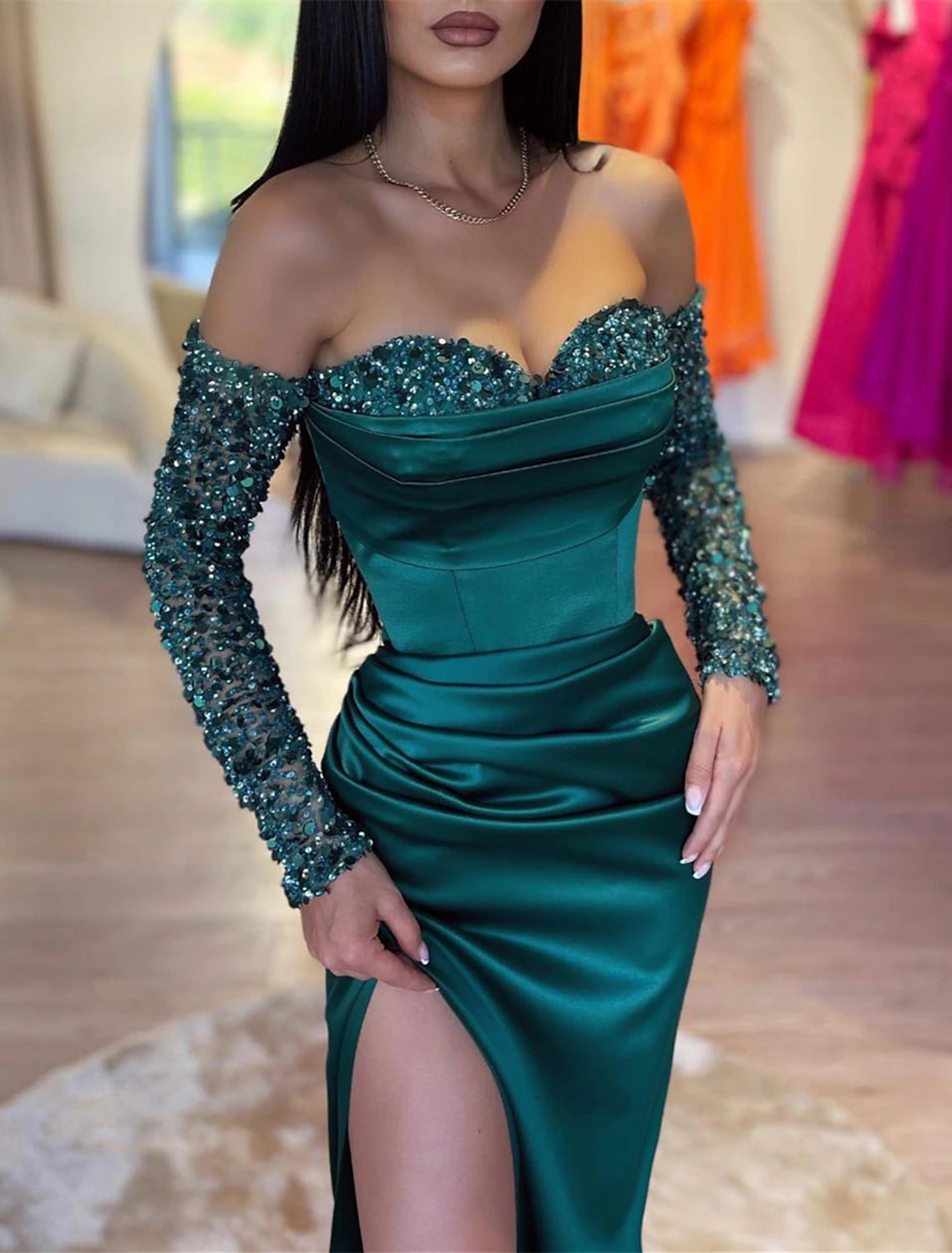 Mermaid Dress Evening Gown Christmas Red Green Dress Formal Masquerade Sweep / Brush Train Long Sleeve Off Shoulder Sequined with Ruched Sequin Slit 2024