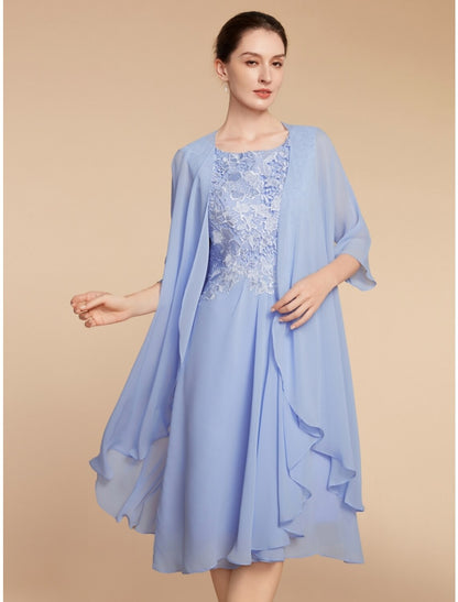 Two Piece Sheath / Column Mother of the Bride Dress Wedding Guest Elegant Petite Scoop Neck Knee Length Chiffon Lace Half Sleeve with Ruching Solid Color