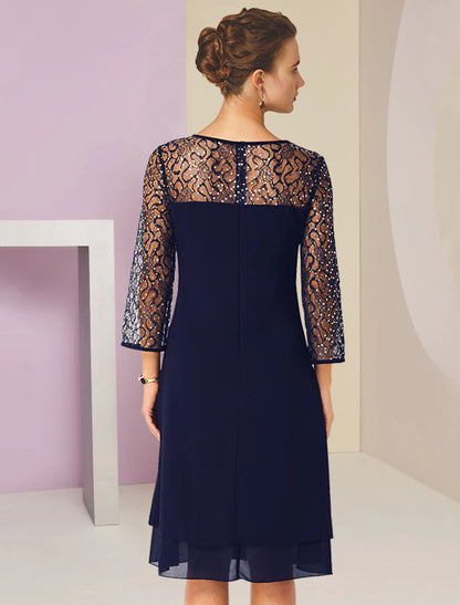 A-Line Mother of the Bride Dress Formal Wedding Guest Elegant Scoop Neck Knee Length Lace 3/4 Length Sleeve with Sequin