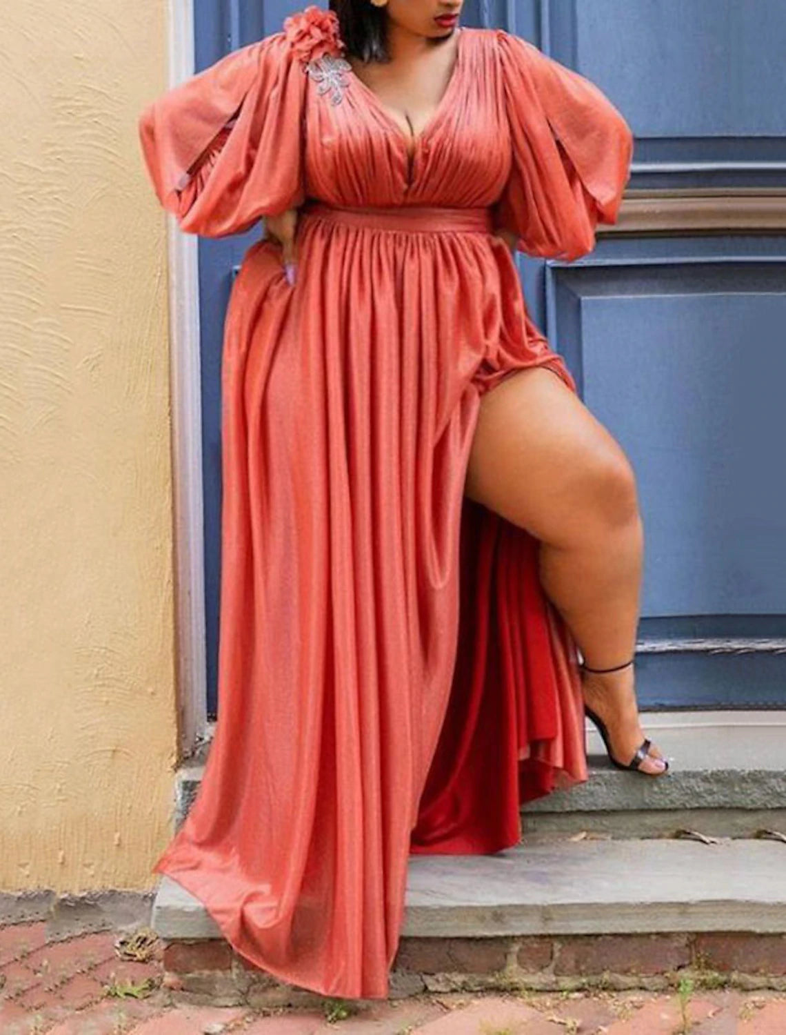 Women‘s Plus Size Curve Party Dress Solid Color V Neck Ruched 3/4 Length Sleeve Spring Fall Elegant Formal Prom Dress Maxi long Dress Party Back to School Dress Homecoming Dress