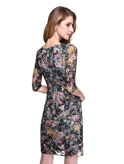 Sheath / Column Mother of the Bride Dress Floral Jewel Neck Short / Mini Lace Half Sleeve No with Lace