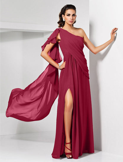 Sheath Christmas Red Green Dress Empire Wedding Guest Formal Evening Dress One Shoulder Sleeveless Floor Length Chiffon with Draping Slit