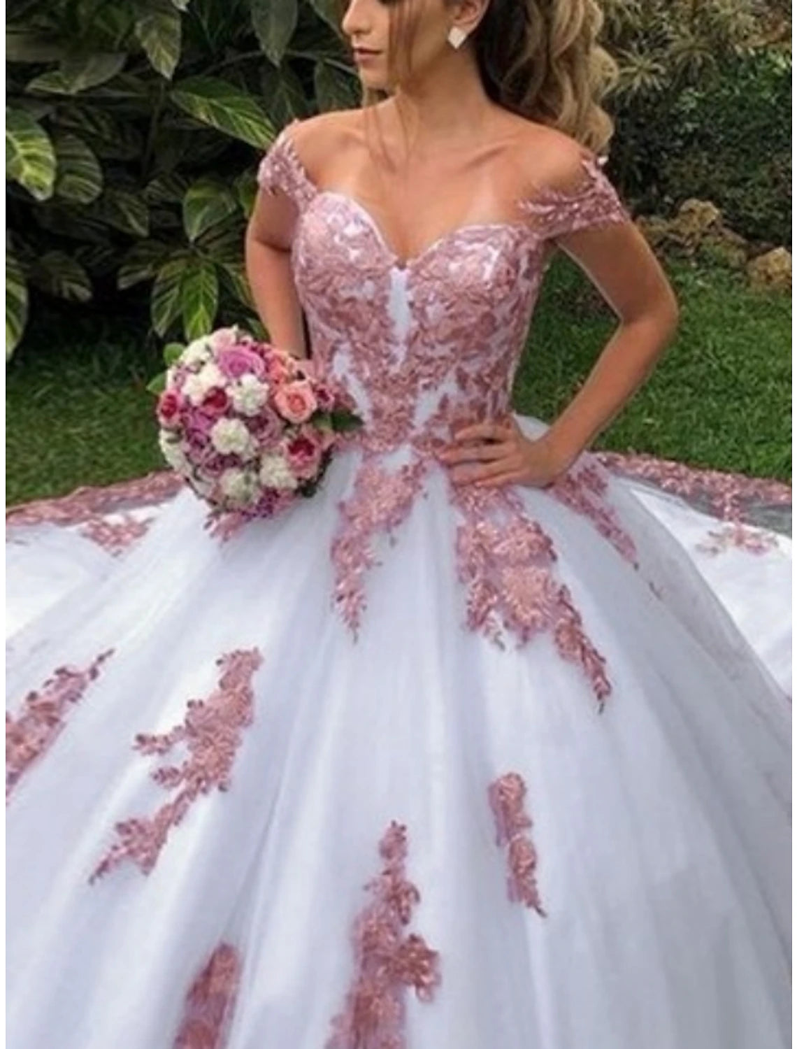 Formal Wedding Dresses Ball Gown Off Shoulder Cap Sleeve Court Train Lace Bridal Gowns With Pleats