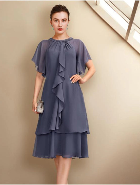 A-Line Mother of the Bride Dress Plus Size Elegant Jewel Neck Knee Length Chiffon Short Sleeve with Beading Ruffles