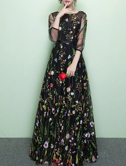 A-Line Prom Dresses Floral Dress Party Wear Wedding Guest Floor Length 3/4 Length Sleeve Jewel Neck Lace with Embroidery