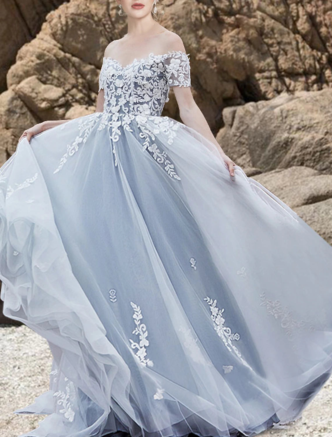 Engagement Gothic Wedding Dresses in Color Formal Wedding Dresses A-Line Off Shoulder Short Sleeve Sweep / Brush Train Lace Bridal Gowns With Bow(s) Appliques