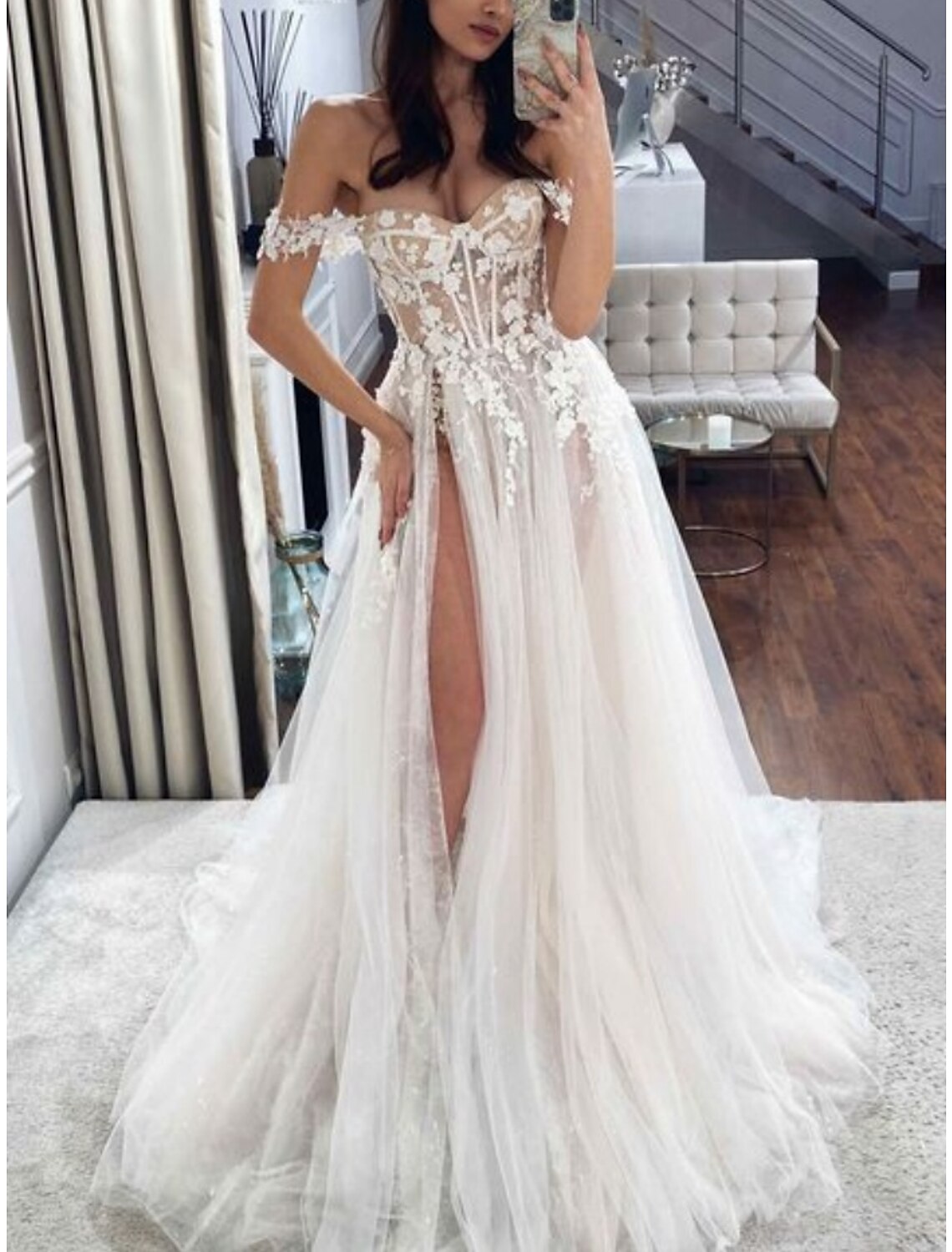 Beach Formal Wedding Dresses A-Line Off Shoulder Sleeveless Sweep / Brush Train Lace Bridal Gowns With Pleats Split Front