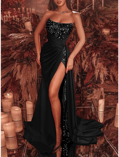 Sheath Black Dress Evening Gown Christmas Red Green Dress Formal Court Train Sleeveless Strapless Sequined with Ruched Sequin Slit 2024