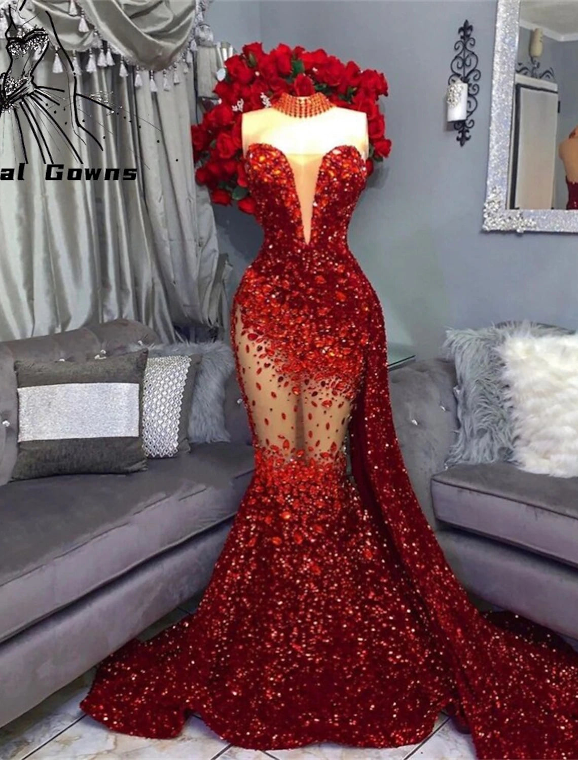 Mermaid / Trumpet Evening Gown Sparkle & Shine Dress Carnival Formal Court Train Sleeveless Strapless African American Sequined with Beading Sequin